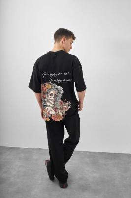 تي شيرت أوفر سايز أسود- Skull Flower