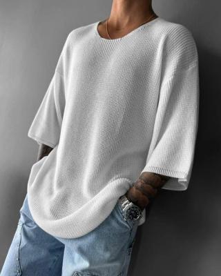 تيشيرت محبوك طويل أوفرسايز أبيض